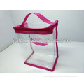 clear PVC cosmetic bag with pink colored PP webbing trim
